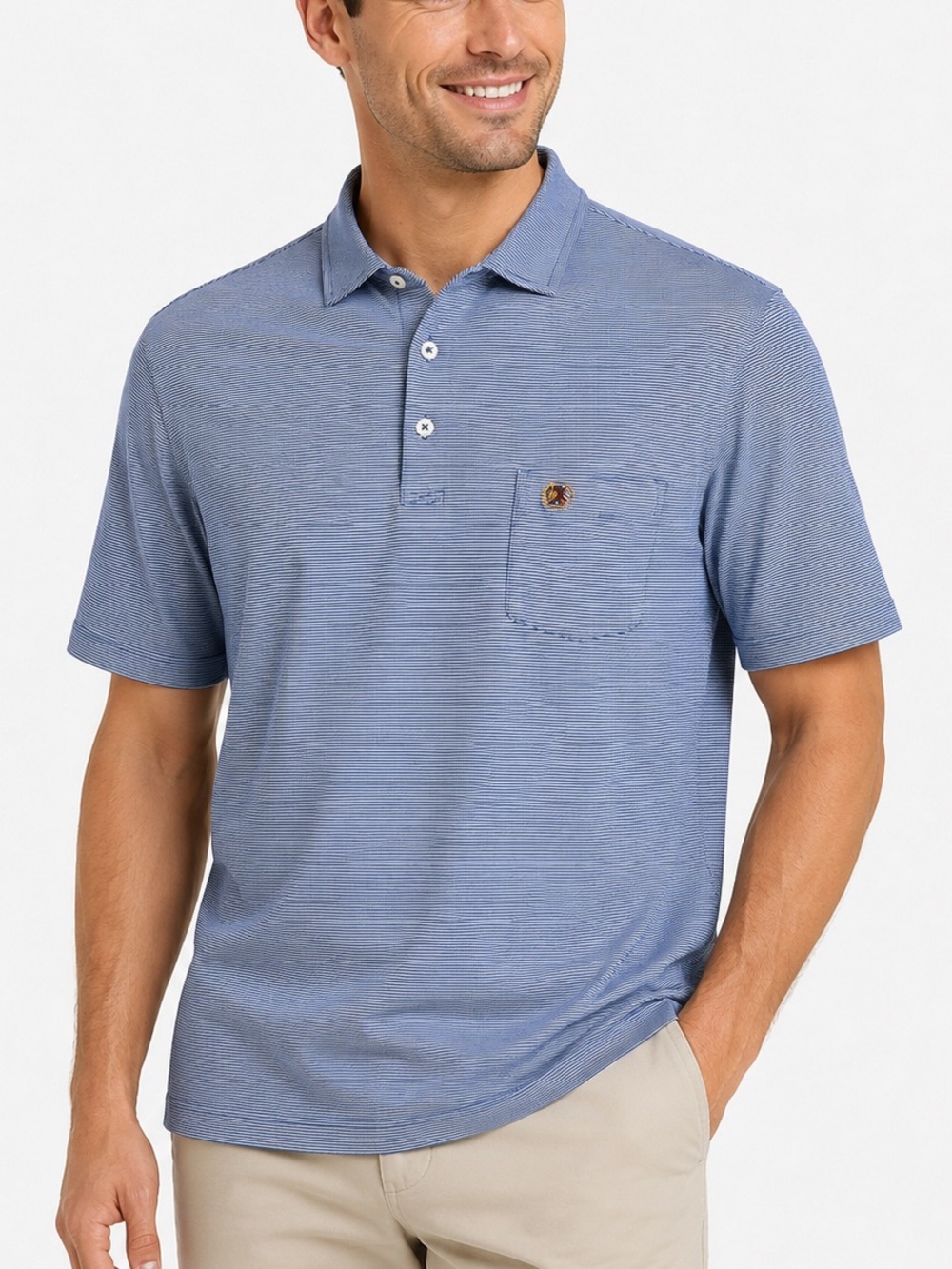 B. Draddy Mens Blue White Micro Striped Pima Cotton Blend Polo Shirt Medium M